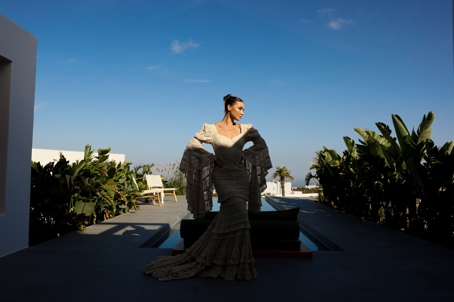 model in the long sleeve Alayah wedding dress by atelier zolotas