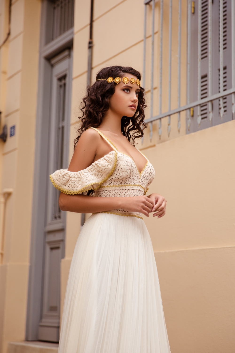 off-the-shoulder-boho-chic-wedding-dress-by-zolotas-atelier-gold-headpiece
